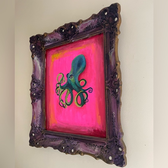 Original Octopus Acrylic Painting over a Thrifted Framed Art Print - 26x22” - Picture 4 of 9